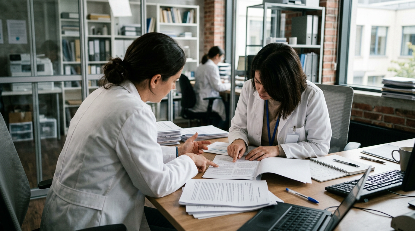 Two researchers in white coats discussing printed research papers at a desk in a daylit academic office.